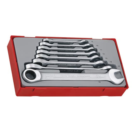 Teng Ratchet Combination Spanner Set TC-Tray-8 Piece, featuring 72 teeth ratchet spanners in durable chrome vanadium, organized in a tray.