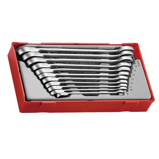 Teng Reverse Ratchet Spanner Set, 11 pieces, 72 teeth, chrome vanadium finish, includes sizes 8-19mm in organized TC tray.