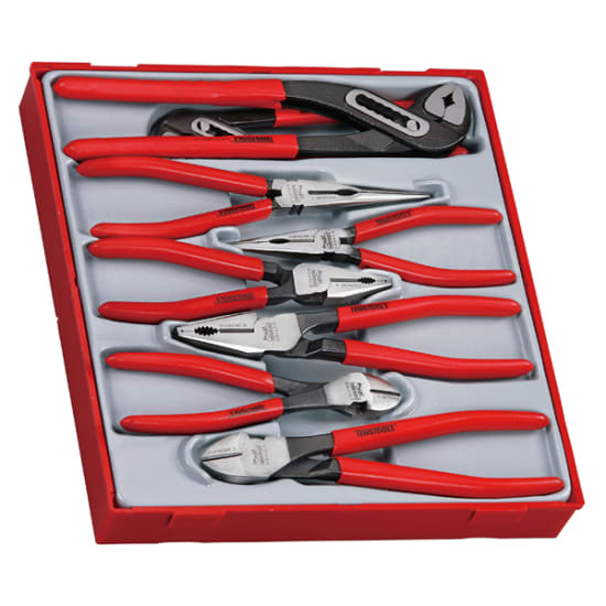 8-piece vinyl grip plier set in a double-width tray, featuring essential tools for DIY and professional jobs.