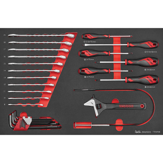 28-piece Teng Spanner and Screwdriver Set with organized tools, including spanners, screwdrivers, hex keys, and an adjustable wrench.