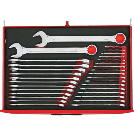 Teng 31-piece metric combination spanner set featuring offset design, hip grip technology, and organized EVA foam insert.