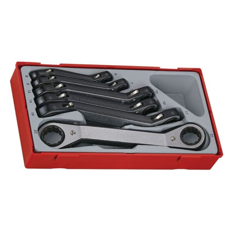 Teng 6-piece double ring ratchet spanner set with 25-degree offset heads for efficient use in tight spaces.