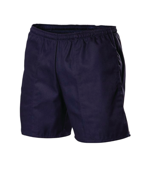 Durable black rugby shorts with elastic waistband, pockets, and side splits for comfort and mobility, size 97.