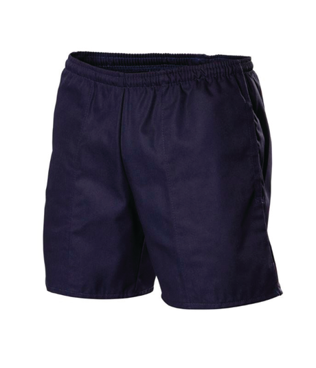 Hard Yakka navy rugby shorts in size 17 with elastic waistband, side splits, and multiple pockets for comfort and durability.