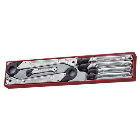 7-piece Teng Quick Ring Ratchet Spanner Set in TTX tray, ideal for tightening pipe couplings in tight spaces.