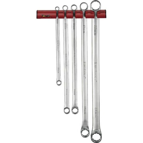 Extra long, versatile Teng 5-piece ring spanner set with wall rack for easy storage and access, crafted from chrome vanadium.