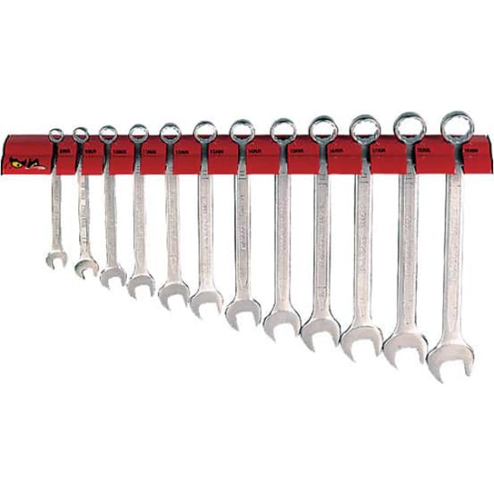 12-piece Teng combination spanner set with wall rack, featuring chrome vanadium steel and 15-degree offset design for easy access.