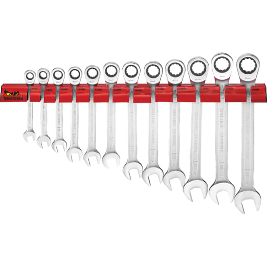 Teng 12-piece ratchet spanner set with wall rack, featuring 72-teeth spanners and a chrome vanadium satin finish.