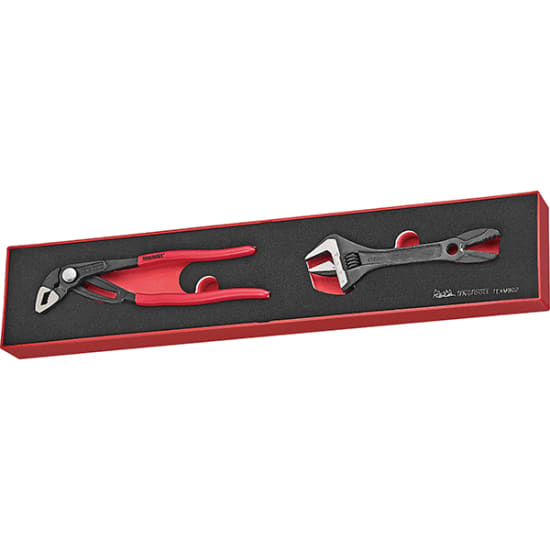 Teng Plier and Adjustable Wrench Set featuring a quick-action plier and alligator wrench in an organized tray for efficient tool access.