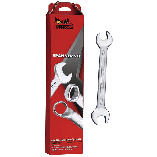 Teng 8-piece double open-end spanner set featuring 16 sizes (6-22mm) with 15-degree offset for easy access.