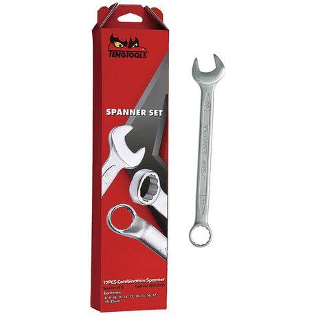 Teng Combination Metric Spanner Set 6512, 12 pieces with 8-22mm sizes, featuring chrome vanadium steel and 15° offset heads.