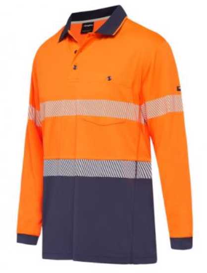 KingGee Hi Vis Hyperfreeze Polo in Orange/Navy, size M, featuring cooling fabric, reflective tape, and chest pocket for safety and comfort.