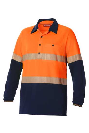 Hard Yakka Hi Vis Koolgear Polo in orange/navy, 3XL, lightweight, breathable, with reflective tape for safety and ventilation.