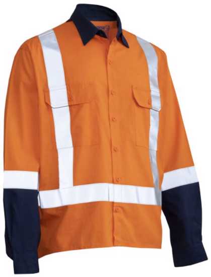 Bright orange and navy ripstop work shirt with reflective tape, pockets, and cooling vents, designed for high visibility and comfort.