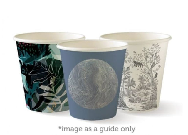 Eco-friendly 6oz hot cups featuring unique artwork, made from sustainable paper with a plant-based lining, 50-pack.