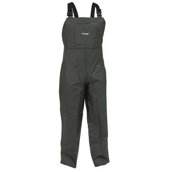 Bison 4XL green PVC bib over trousers, 100% waterproof with elastic straps, reinforced thighs, and inside pocket for outdoor use.