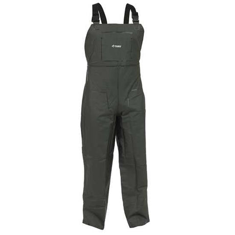 Bison 4XL green PVC bib over trousers, 100% waterproof with elastic straps, reinforced thighs, and inside pocket for outdoor use.