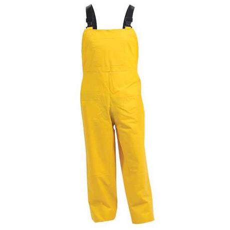 Yellow PVC bib over trousers in size L, 100% waterproof with elastic straps, reinforced thighs, and an inside pocket.