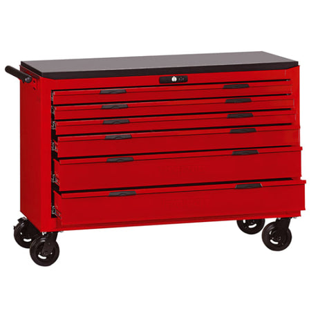 Teng 6 Drawer Wagon in red steel with wooden top, featuring lockable drawers, heavy-duty design, and smooth ball bearing slides.