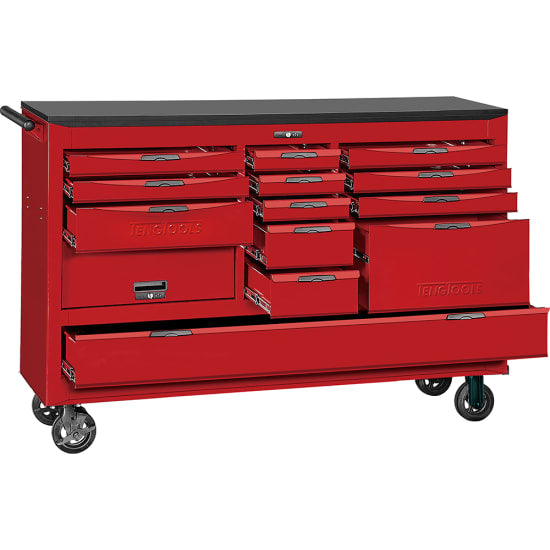 Teng 13 Drawer 8-Series Roller Cabinet in 67", featuring a wooden worktop, combination lock, and heavy-duty castors for mobility.