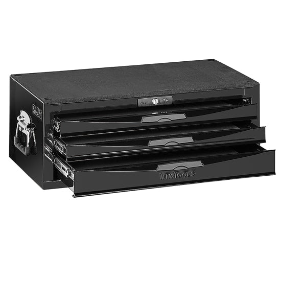 Teng 3 Drive 8-Series Middle Stacker Tool Box with 3 spacious drawers, lockable cover, and durable black steel construction.