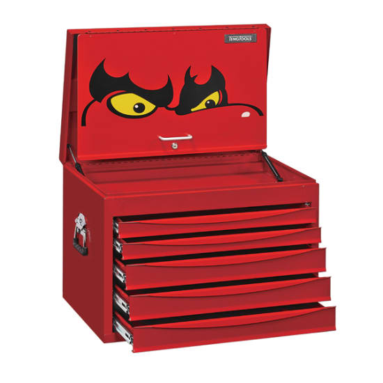 Teng 5 Drawer SV-Series Top Box features 5 deep drawers, ball bearing slides, secure lock, and durable red steel design.