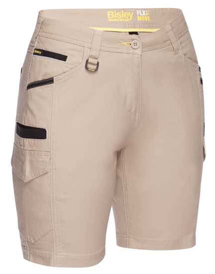 Bisley Women's FLX & MOVE Cargo Shorts in Stone, size 18, featuring stretch fabric, multiple pockets, and durable design.