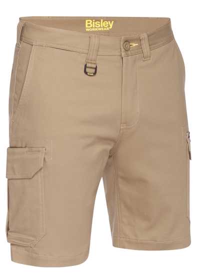 Khaki stretch cotton cargo shorts with multiple pockets and odor-resistant treatment for comfort and functionality.