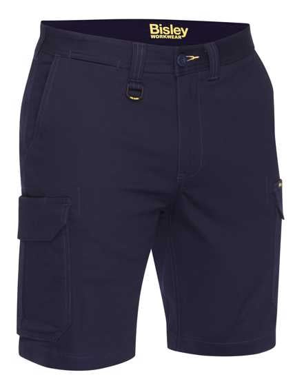 Navy Bisley Stretch Cotton Cargo Shorts with ample pockets, breathable fabric, and odor prevention treatment, ideal for work or leisure.