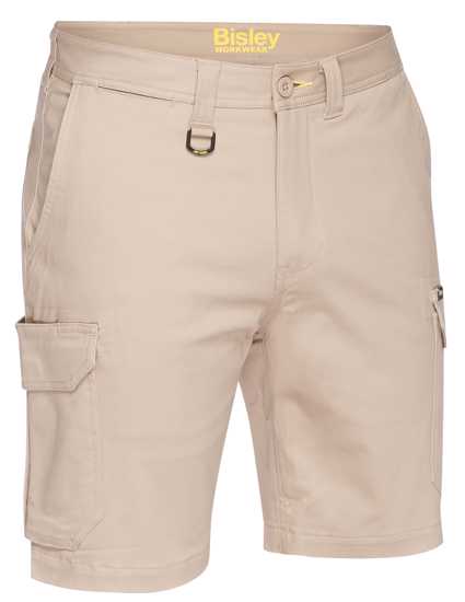 Bisley Stretch Cotton Cargo Short in Stone, featuring a flexible fit, multiple pockets, and odor prevention for outdoor comfort.