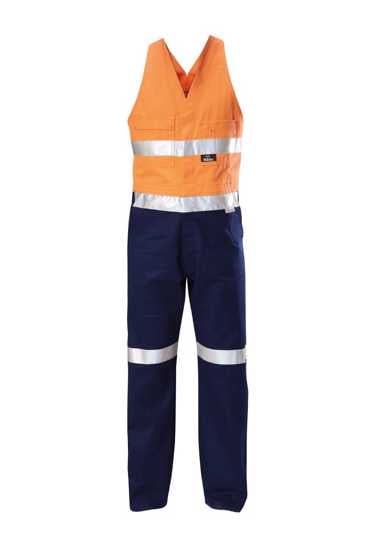 Hard Yakka Hi Vis Overall in Fluro Orange/Navy, featuring reflective tape, durable pockets, and elastic fit for safety and comfort.