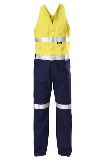 Hard Yakka Hi Vis Easy Action Overall in Yellow/Navy, featuring durable cotton, reflective tape, and multiple pockets for utility.