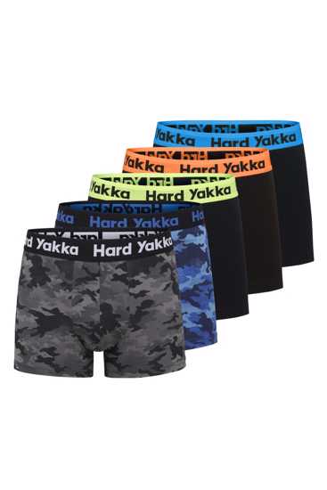 Five-pack of Hard Yakka Cotton Trunks in black and camo, size XL, featuring soft, breathable fabric and an elastic waistband.