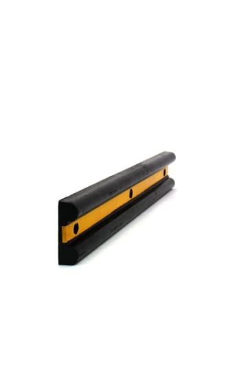 High-impact rubber wall protector with reflective surface, designed to prevent damage from wheeled traffic in warehouses and commercial spaces.