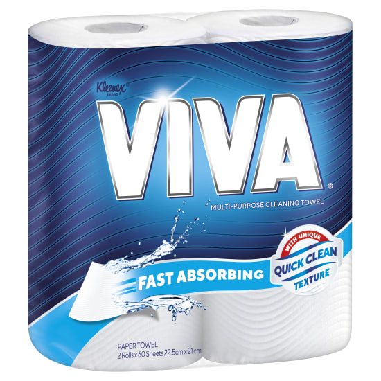 Kleenex VIVA Kitchen Towels Twin Pack featuring durable, absorbent texture, ideal for a variety of cleaning tasks.