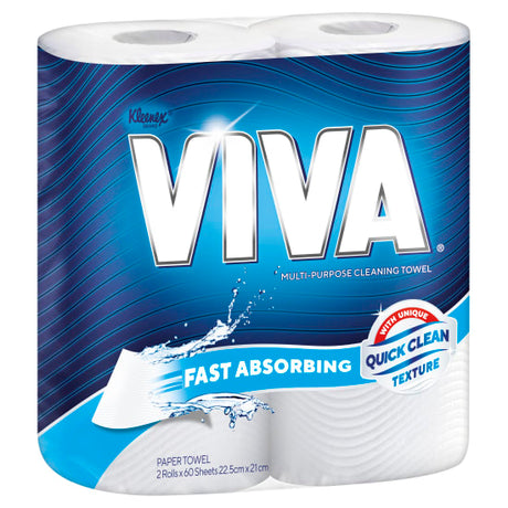 Kleenex VIVA Kitchen Towels Twin Pack featuring durable, absorbent texture, ideal for a variety of cleaning tasks.