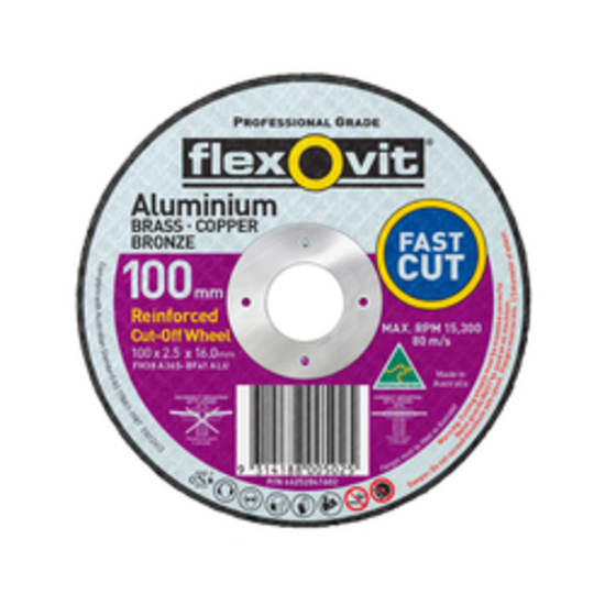 Cut Off Disc Aluminium-100 for non-ferrous metals, featuring A36S grain, efficient cutting, and minimal loading for smooth performance.