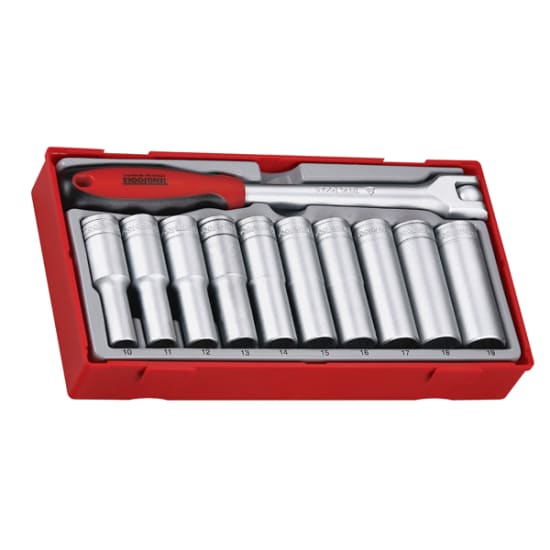 Teng 11pc deep socket set in TC tray with 10 sockets (10-19mm), featuring hip grip design for secure fastening.