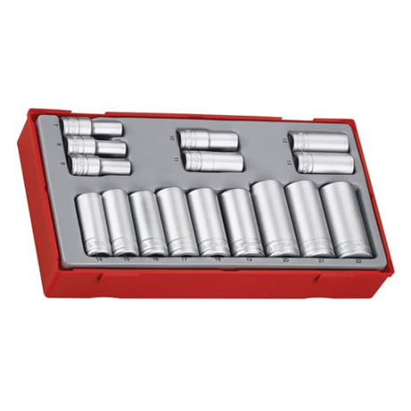 Teng 16pc 3/8in Drive Deep Socket Set with 12-point sockets from 7-22mm in a portable TC tray for mechanics and DIY tasks.