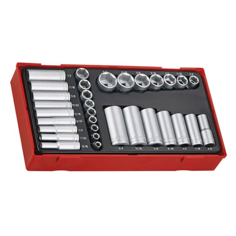 Teng 32pc socket set in TC tray, including 1/4" & 3/8" deep/standard sockets for versatile DIY and professional tasks.