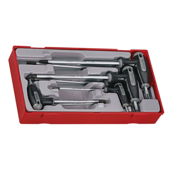 Teng 7pc T-Handle TX/TPX Set in modular tray for tamper-proof screws, featuring precision keys and removable lid for organization.