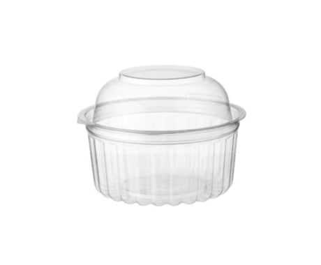 Clear round clam dome lids, 375ml capacity, tamper-evident, eco-friendly, perfect for showcasing food items in restaurants.