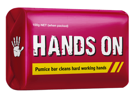 Hands On Pumice Bar 100g packet for deep cleaning hard-working hands, removing grease, paint, and tough substances effectively.