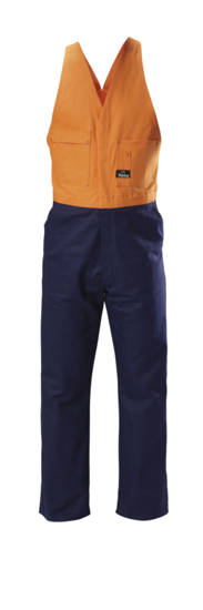 Hi Vis Easy Action Orange/Navy overalls with durable cotton, secure studs, and ample pockets for tools, size 82.