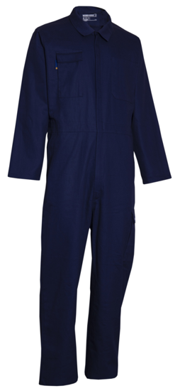 Navy Workhorse Zip Overall for size 10, featuring a concealed zip, multi-storage pockets, and durable cotton fabric for workwear.