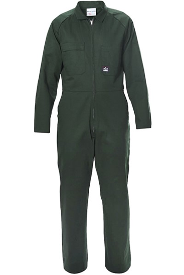 Hard Yakka Zip Overalls in Bottle Green, Size 8, featuring heavy-duty zip, flexible fit, and multiple utility pockets for durability.