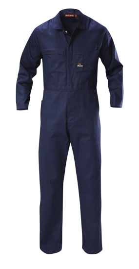 Navy Hard Yakka Zip Overall N1221 Size 5, featuring durable fabric, YKK zip, and multiple pockets for work convenience.