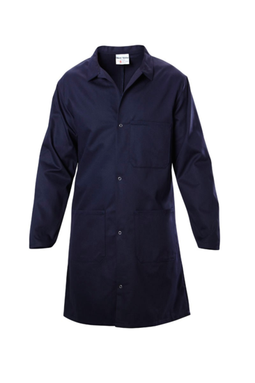 Navy Hard Yakka Dustcoat 2111 in size 11, featuring durable 310gsm cotton, heavy-duty closure, and ample storage pockets.