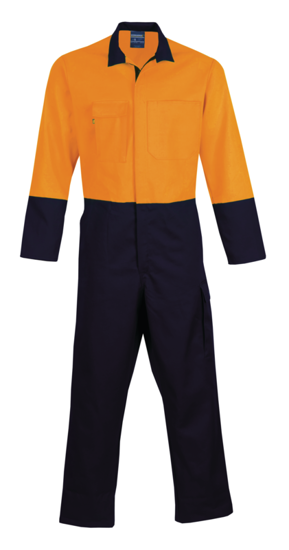 Hi-vis navy and fluro orange zip overalls with elastic waist, side vents, and multiple pockets for safety and comfort.