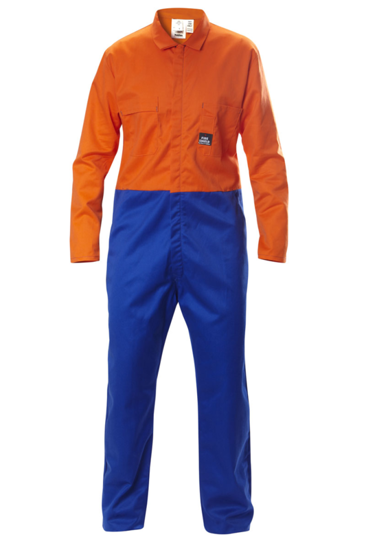 Hi Vis zip overall in green/orange, size 14; features durable cotton, internal vents, and multiple pockets for work safety and comfort.